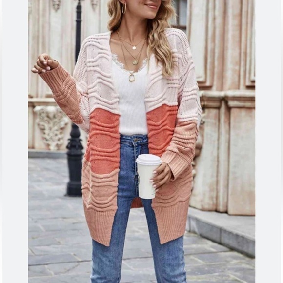 Boutique color block open front knit cardigan sweater coral - Picture 3 of 9